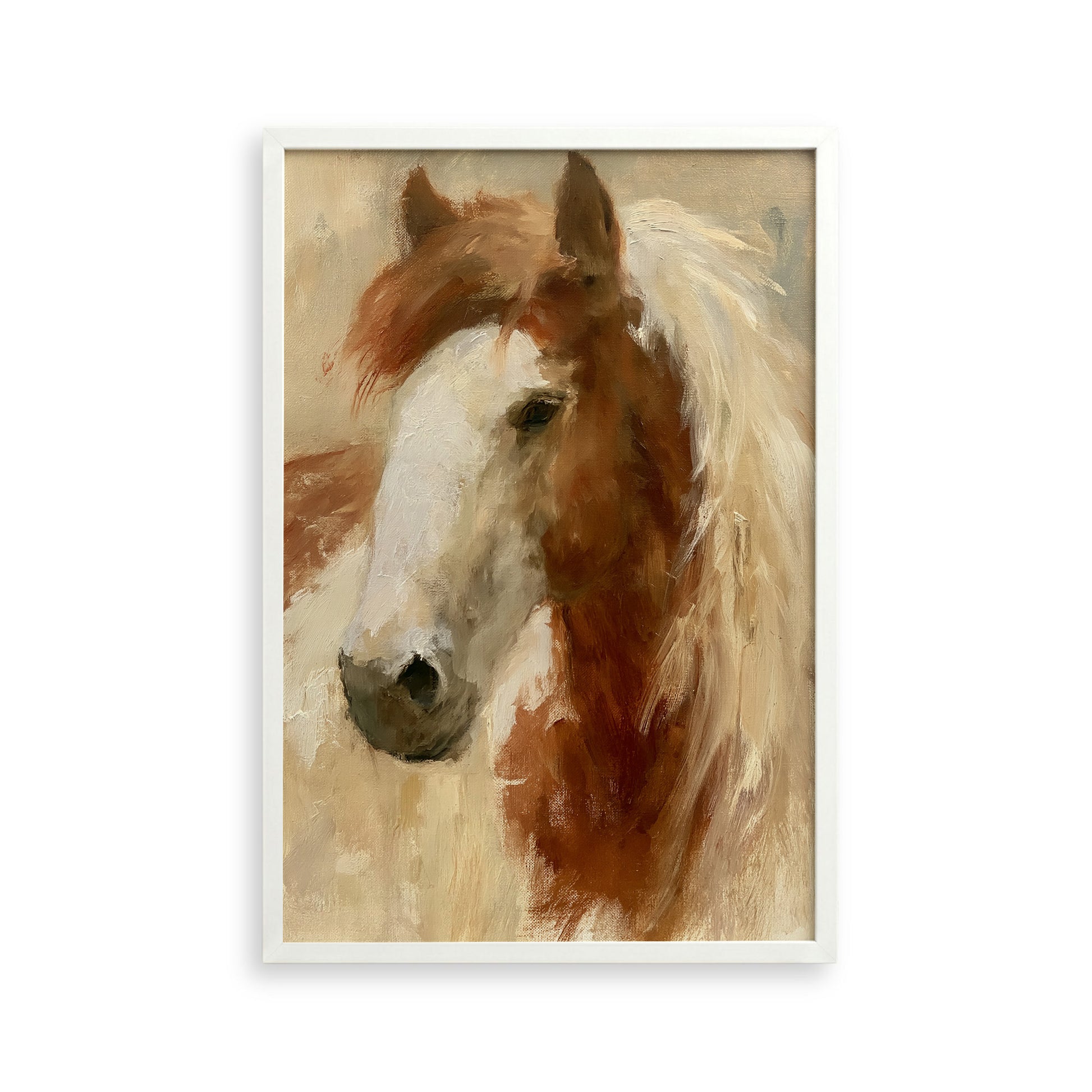 The image is a painting of a horse's head, featuring a close-up view of the horse's face with a mix of brown and white colors.