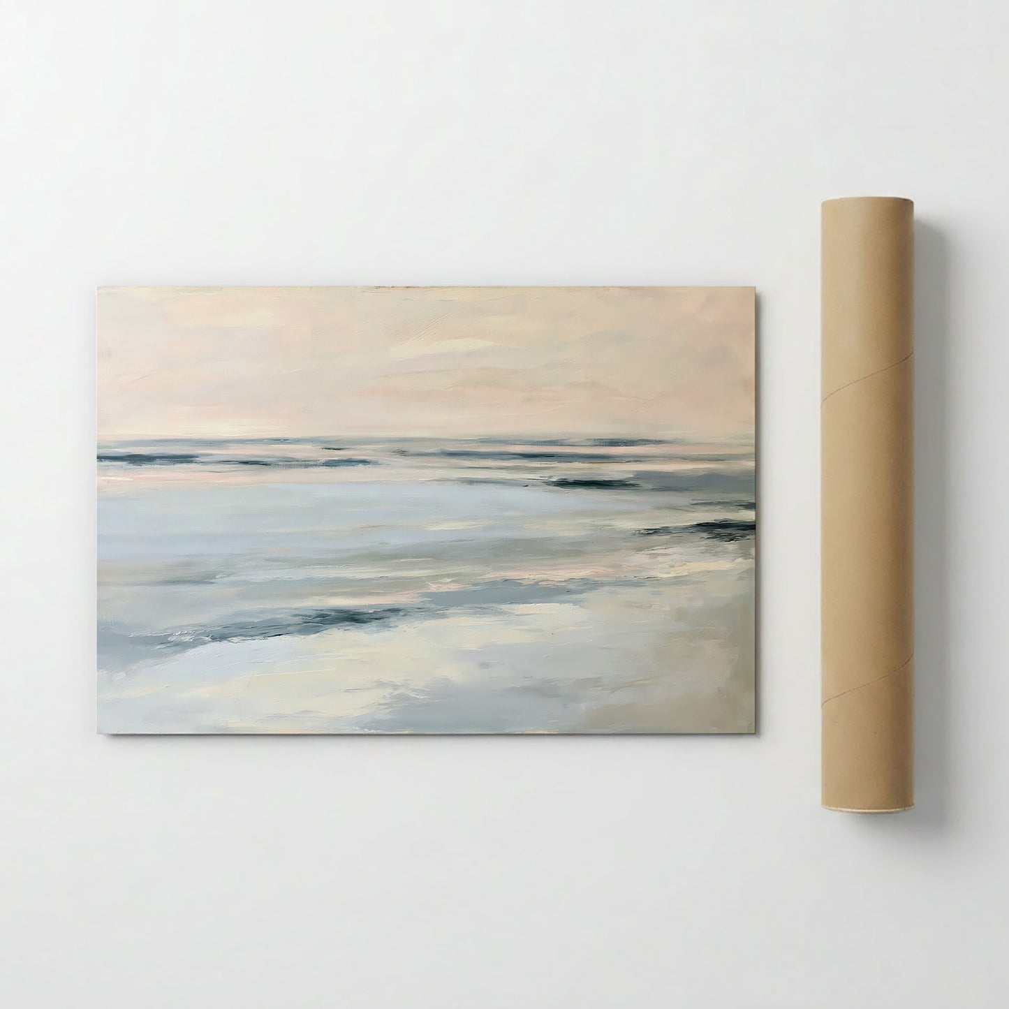 a painting of a serene landscape depicting a calm body of water with a hazy, pale blue sky above.