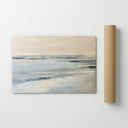 a painting of a serene landscape depicting a calm body of water with a hazy, pale blue sky above.