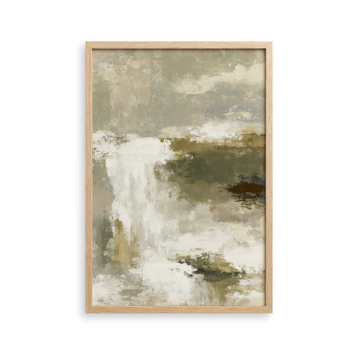 The image is a framed abstract painting with a predominantly green and white color palette. The painting features a landscape scene with a waterfall and clouds, creating a serene and natural atmosphere.