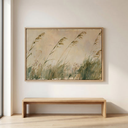 a large painting of tall grasses hanging on a wall above a wooden bench.