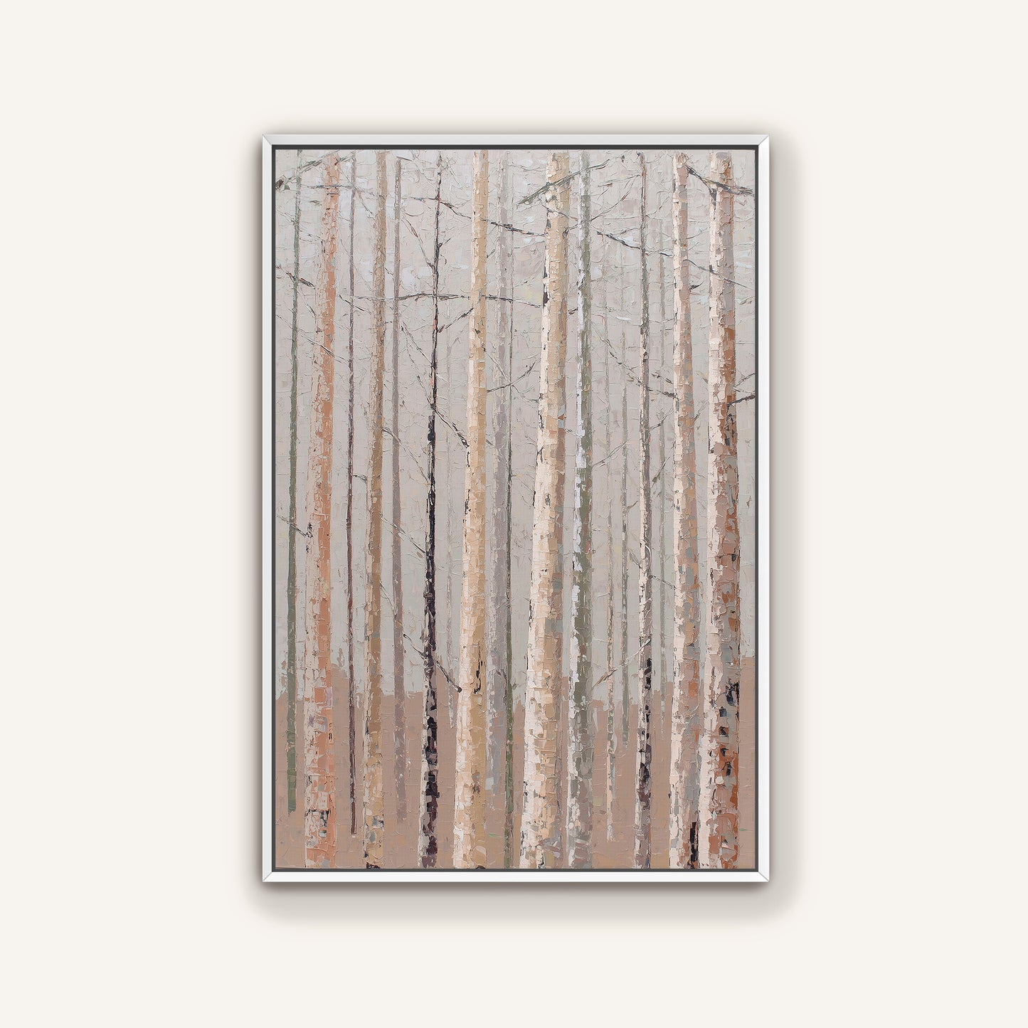The image is a painting of a forest with tall trees, depicting a serene and natural landscape.