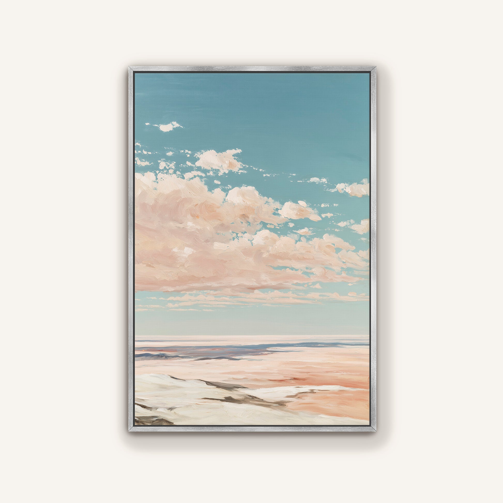 The image is a framed painting depicting a serene landscape with a blue sky, fluffy white clouds, and a sandy beach in the foreground.
