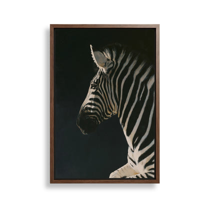 A framed painting of a zebra's profile against a dark background.
