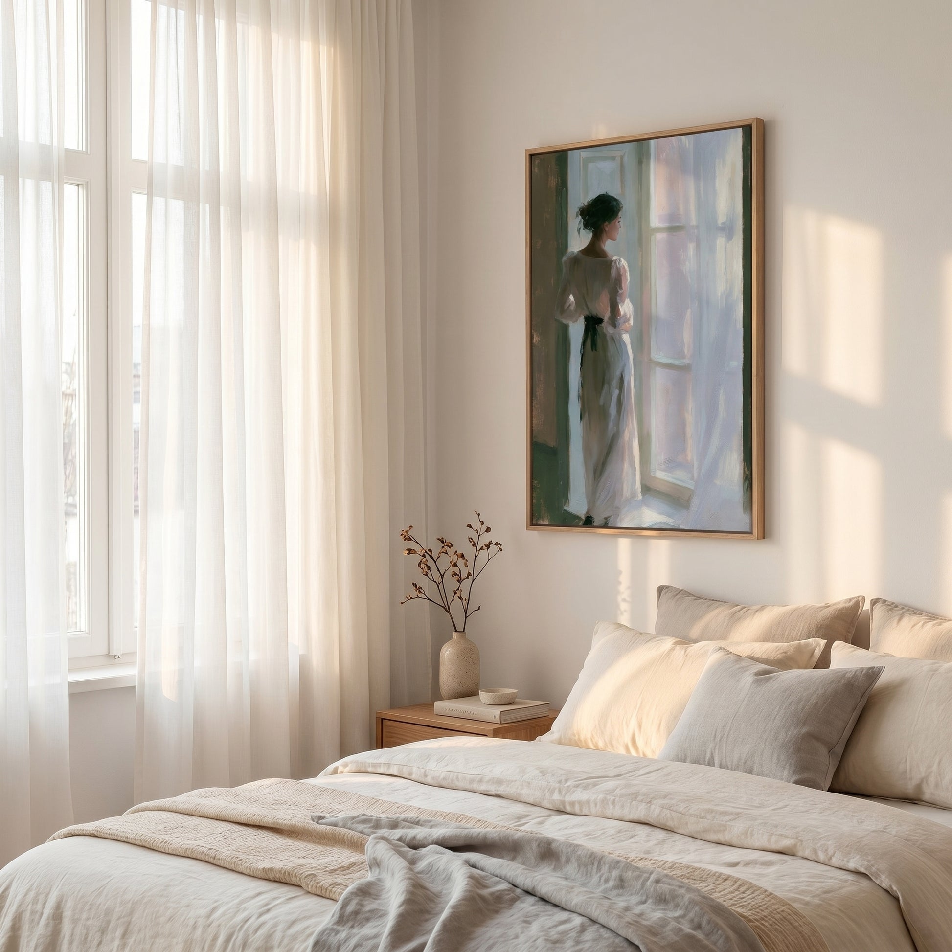 a serene bedroom scene with a large window, a painting of a woman in a white dress, and a wooden nightstand with a vase of flowers.