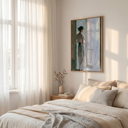 a serene bedroom scene with a large window, a painting of a woman in a white dress, and a wooden nightstand with a vase of flowers.