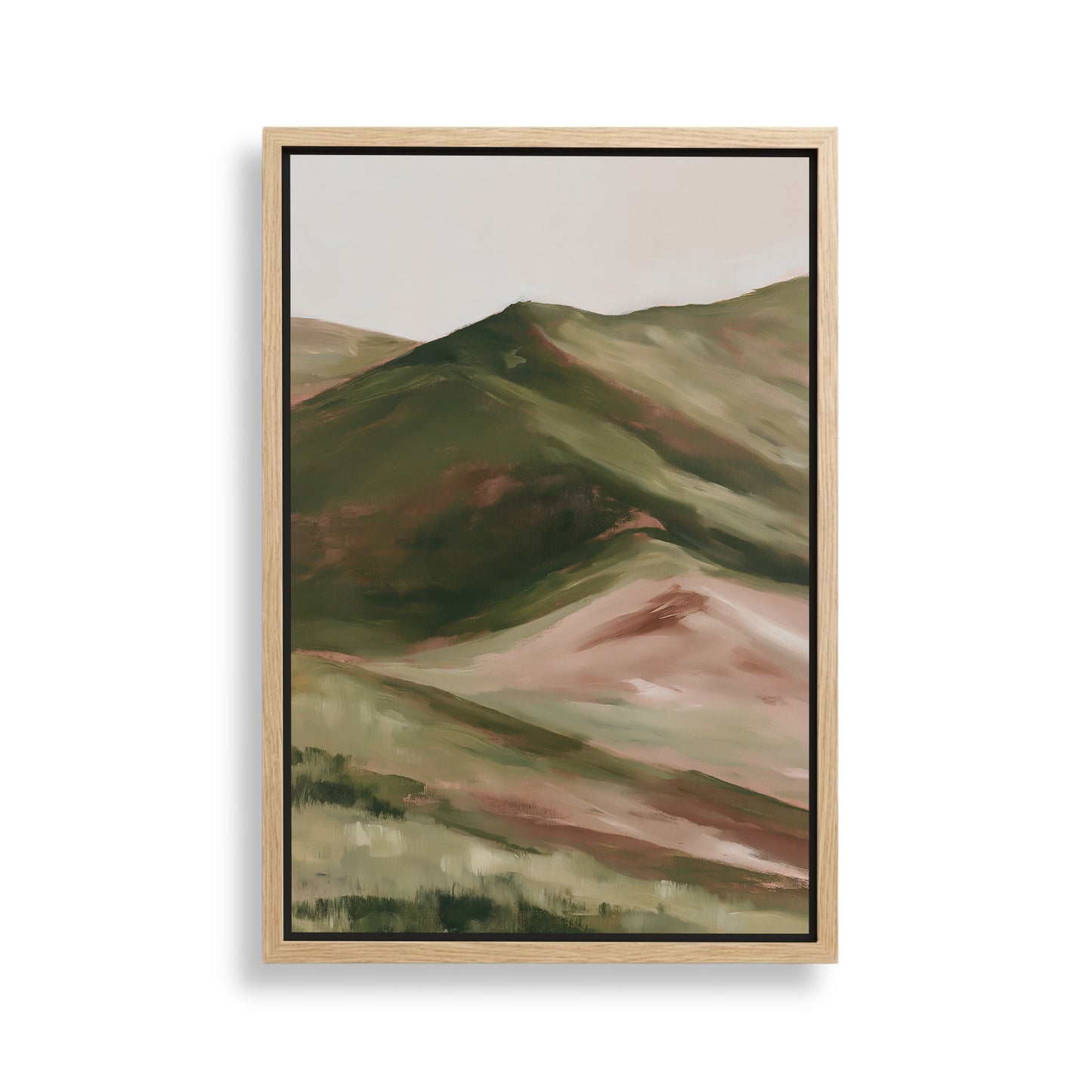 The image is a framed painting depicting a landscape with rolling hills and mountains in shades of green and brown.