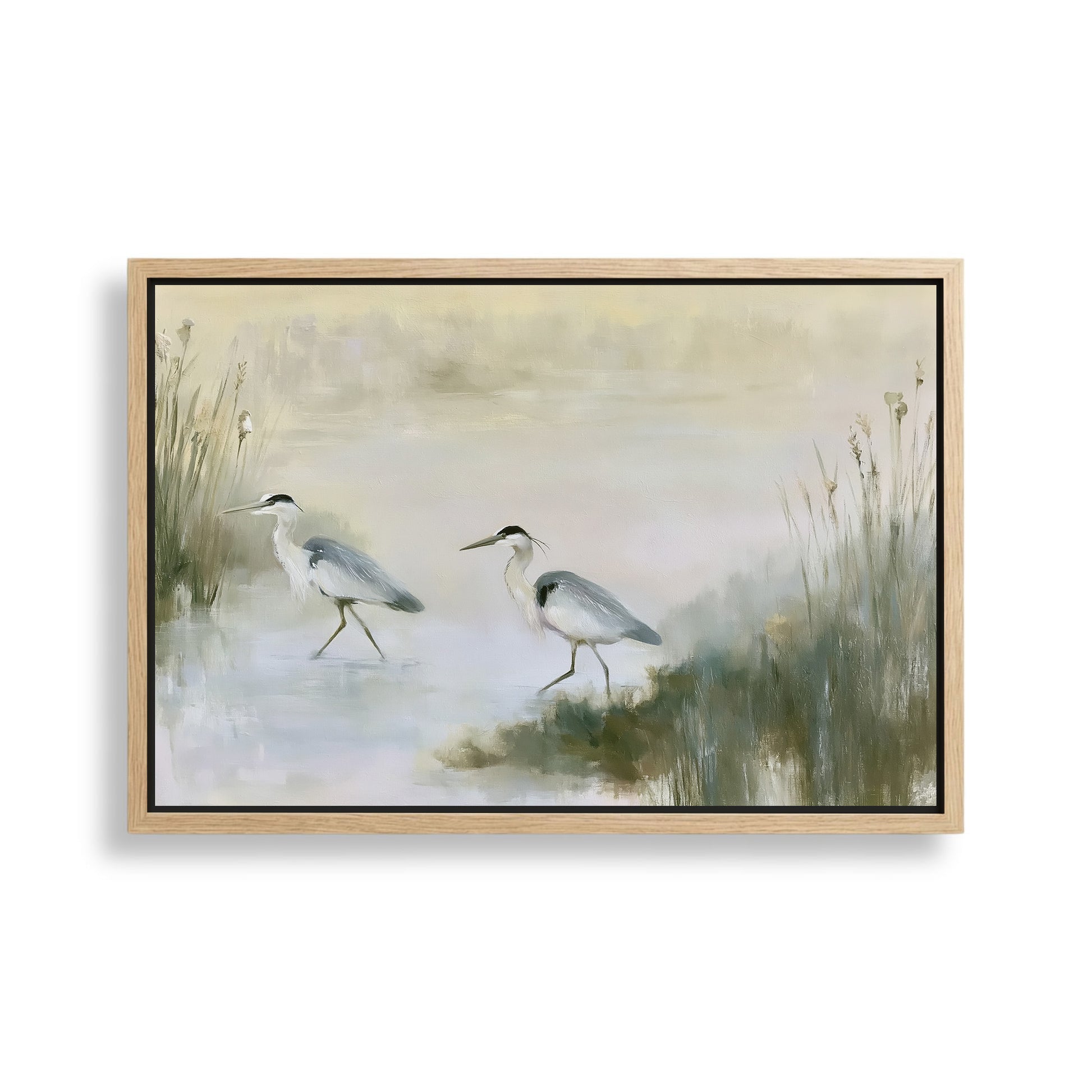 two birds walking in a natural setting, with tall grasses and a body of water in the background.