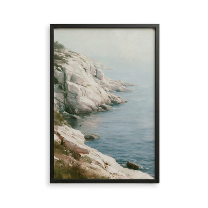 a rocky coastline with a calm, blue ocean in the background.