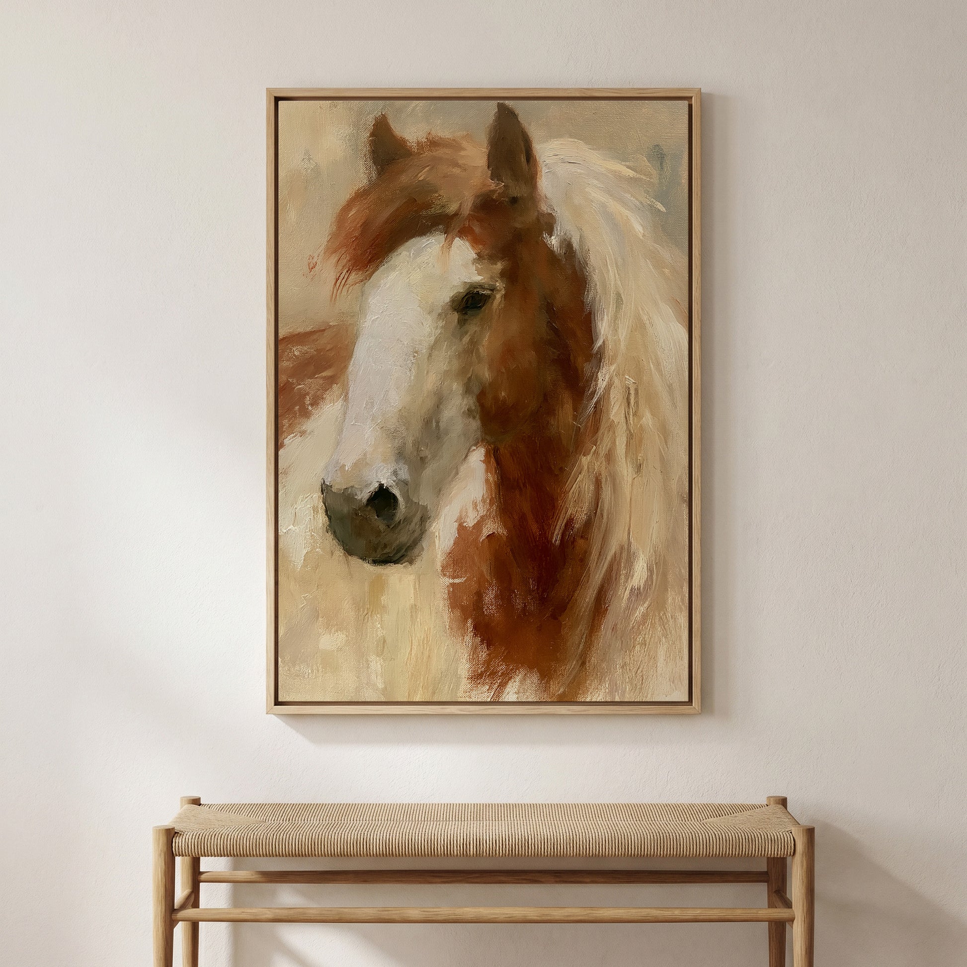 a large painting of a horse's head hanging on a wall above a wooden bench.