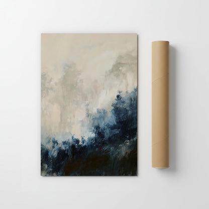 The image is a square painting depicting a landscape with a hazy, misty atmosphere.