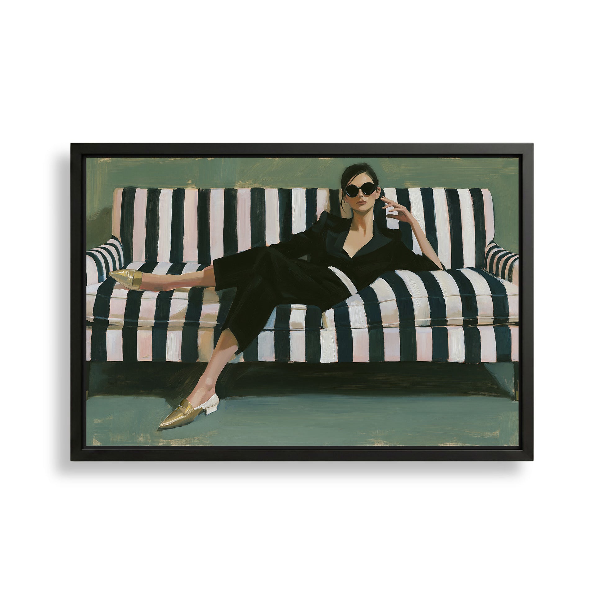 A woman in a black jumpsuit is sitting on a striped couch, wearing gold shoes and sunglasses.