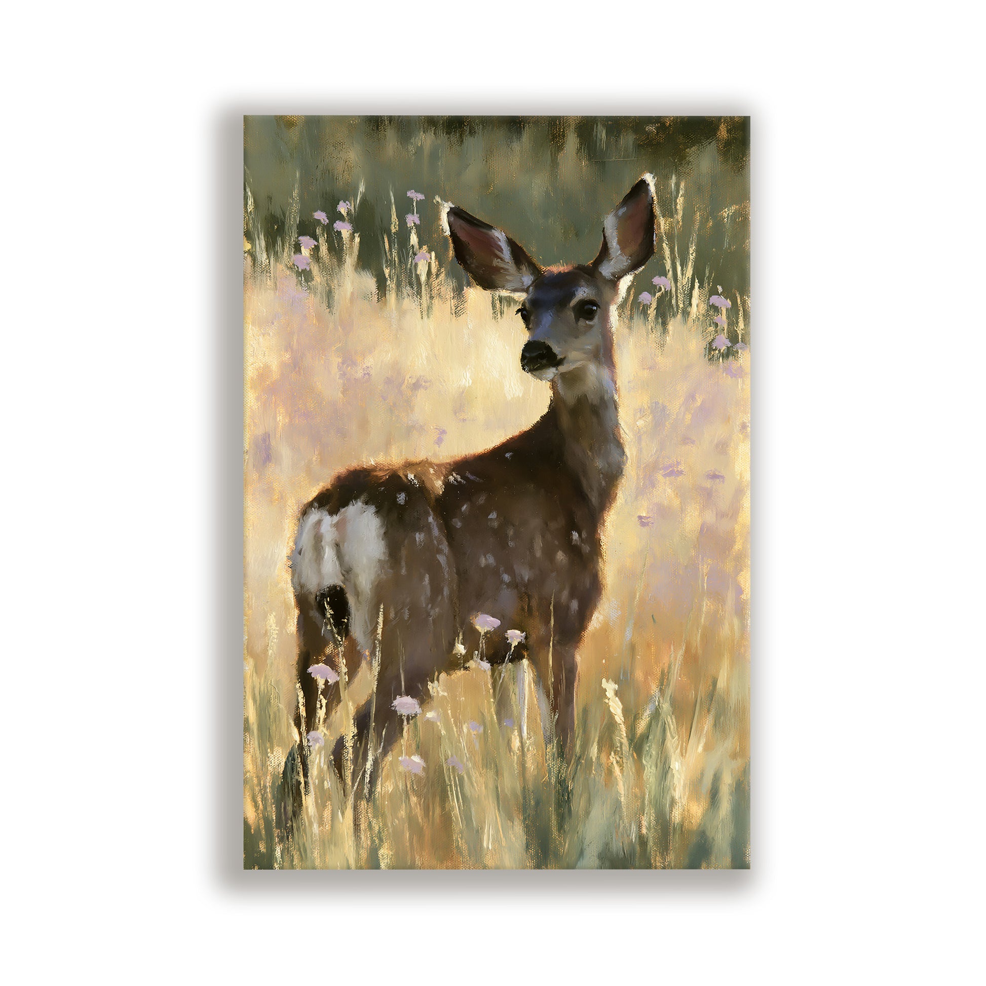 A deer standing in a field of tall grass and wildflowers, with its head turned to the side.