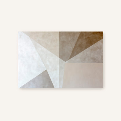 The image is a minimalist abstract artwork composed of various geometric shapes and patterns in shades of gray and beige.