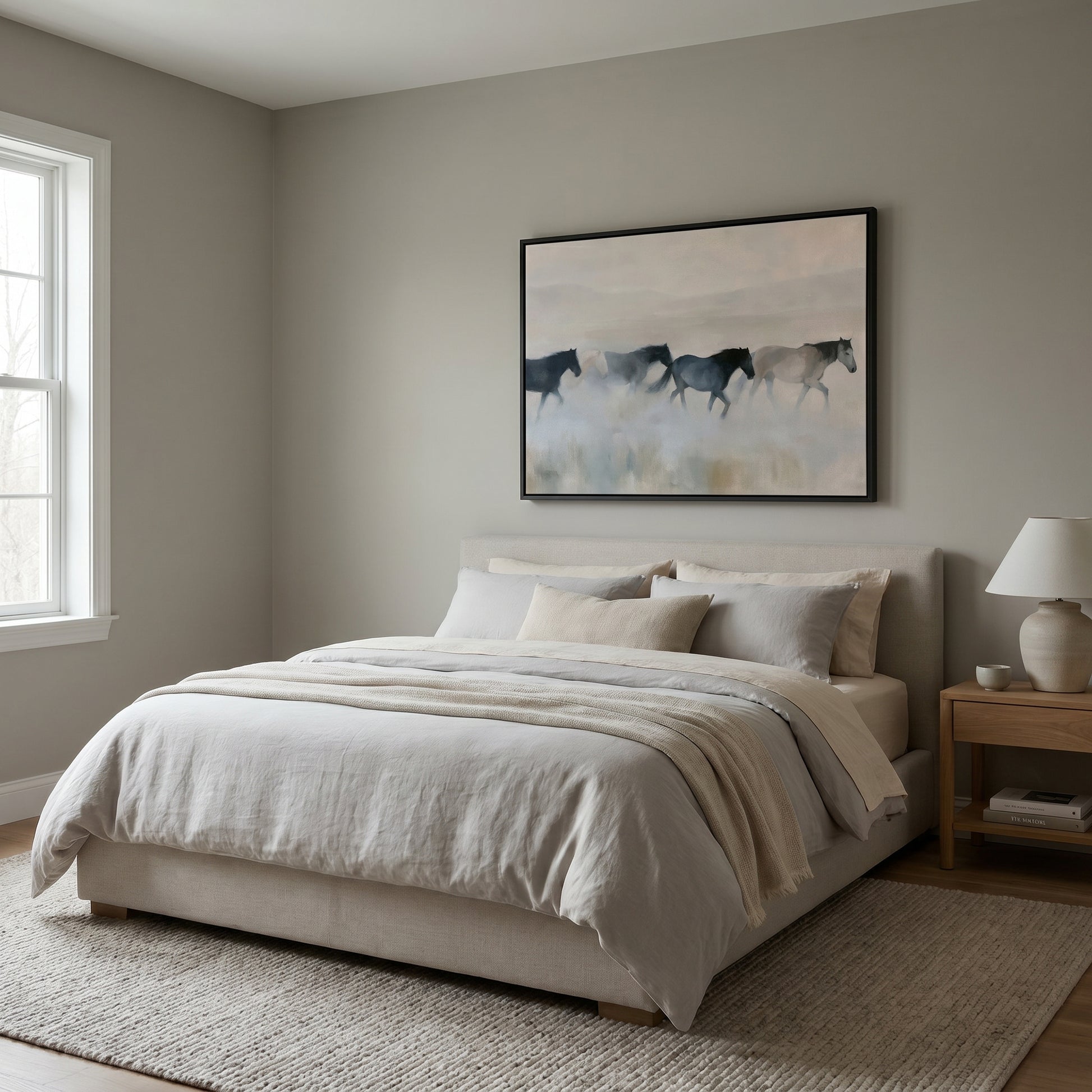 a serene bedroom scene with a large bed, a nightstand, and a painting of horses on the wall.