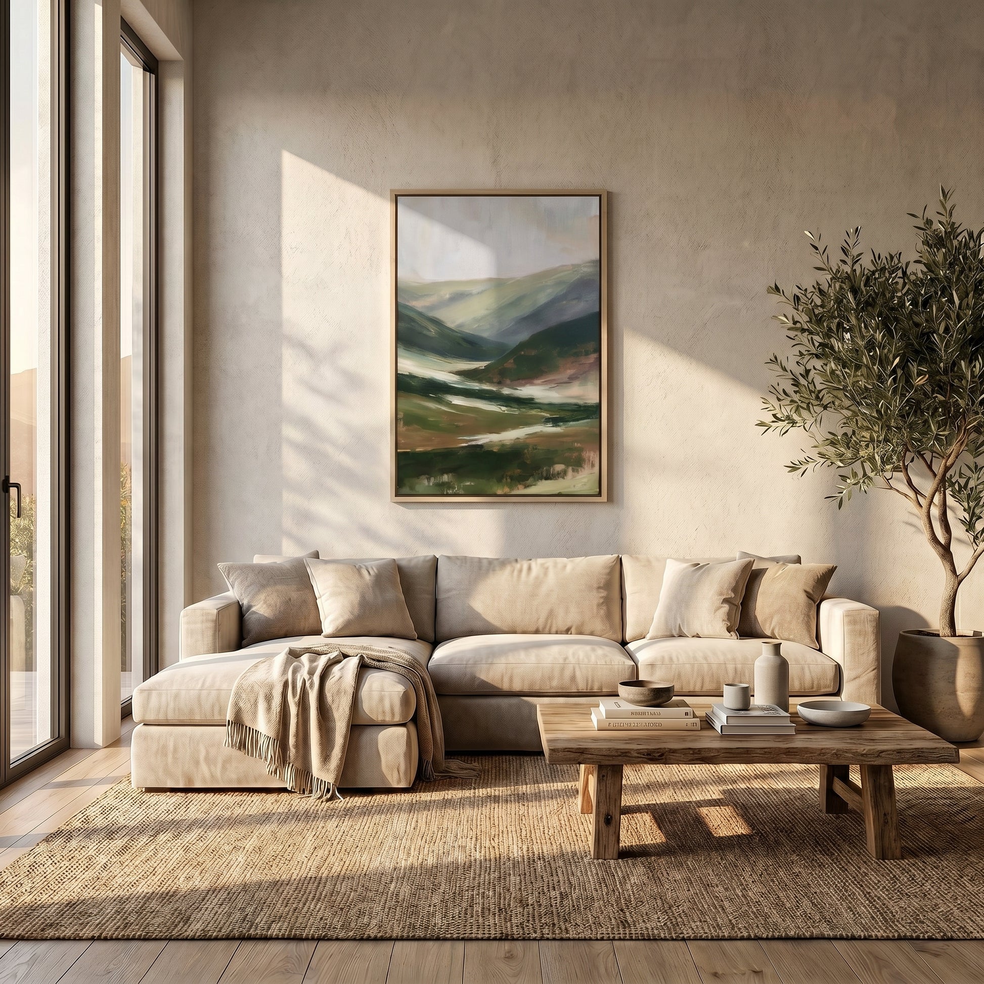 a cozy living room with a large window, a comfortable sofa, a wooden coffee table, and a framed landscape painting on the wall.