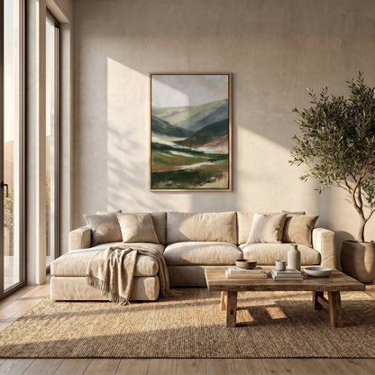 a cozy living room with a large window, a comfortable sofa, a wooden coffee table, and a framed landscape painting on the wall.