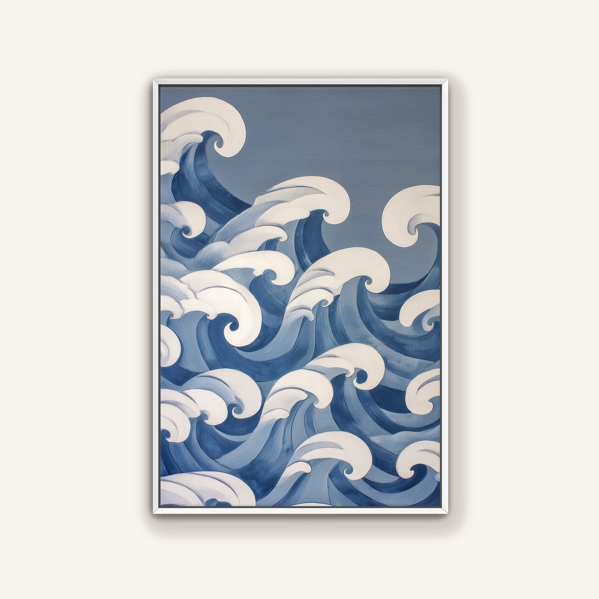 The image is a framed painting depicting a serene ocean scene with large, curling waves in shades of blue and white.
