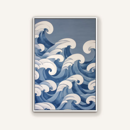 The image is a framed painting depicting a serene ocean scene with large, curling waves in shades of blue and white.