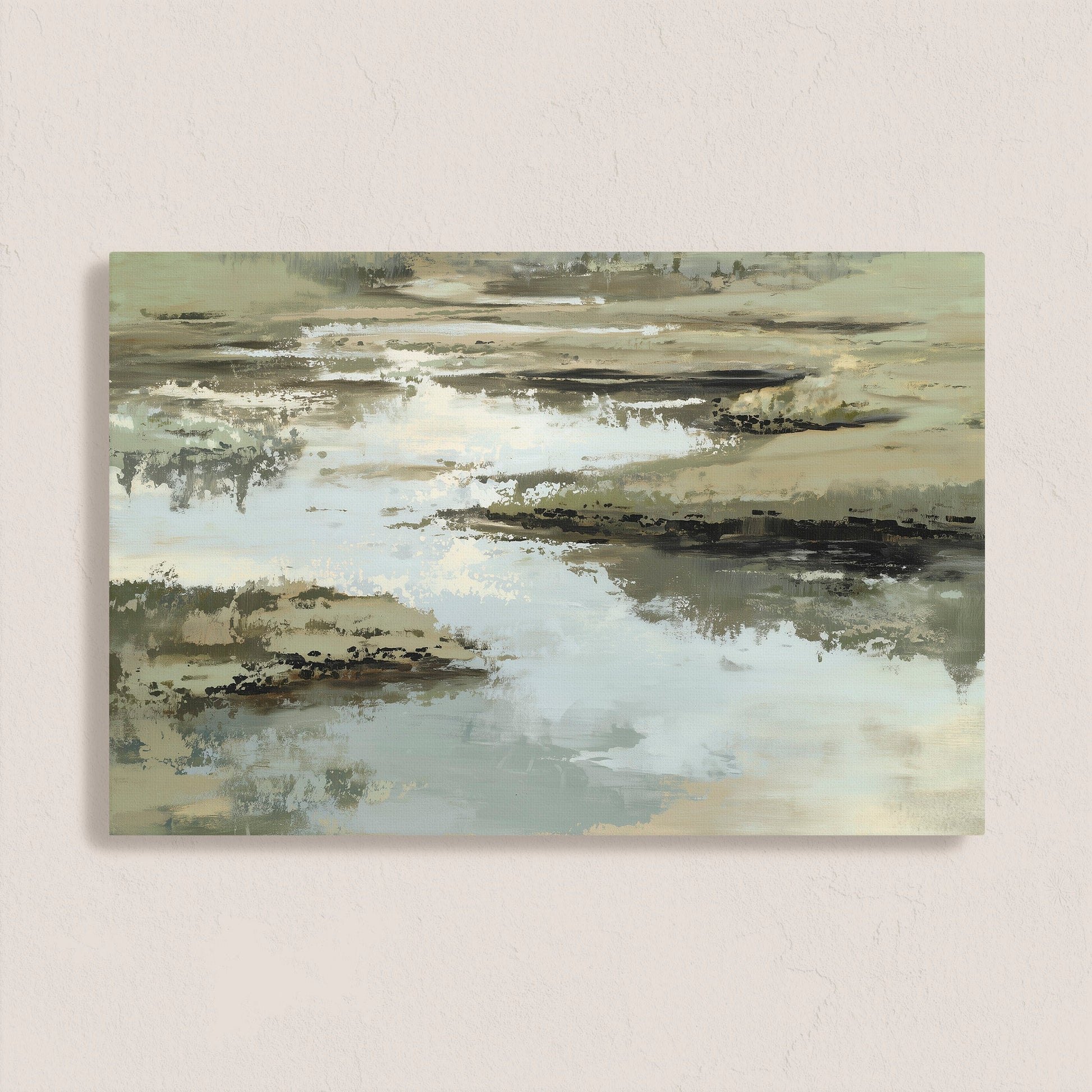 Abstract reed landscape in sage, sand, and ivory tones on archival canvas print for modern organic interiors