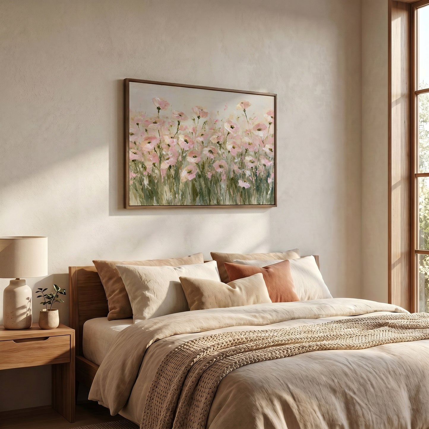 a serene bedroom scene with a large bed adorned with beige bedding and a framed painting of pink flowers hanging above it. The room has a warm and inviting atmosphere, with a window providing natural light and a lamp on a side table.