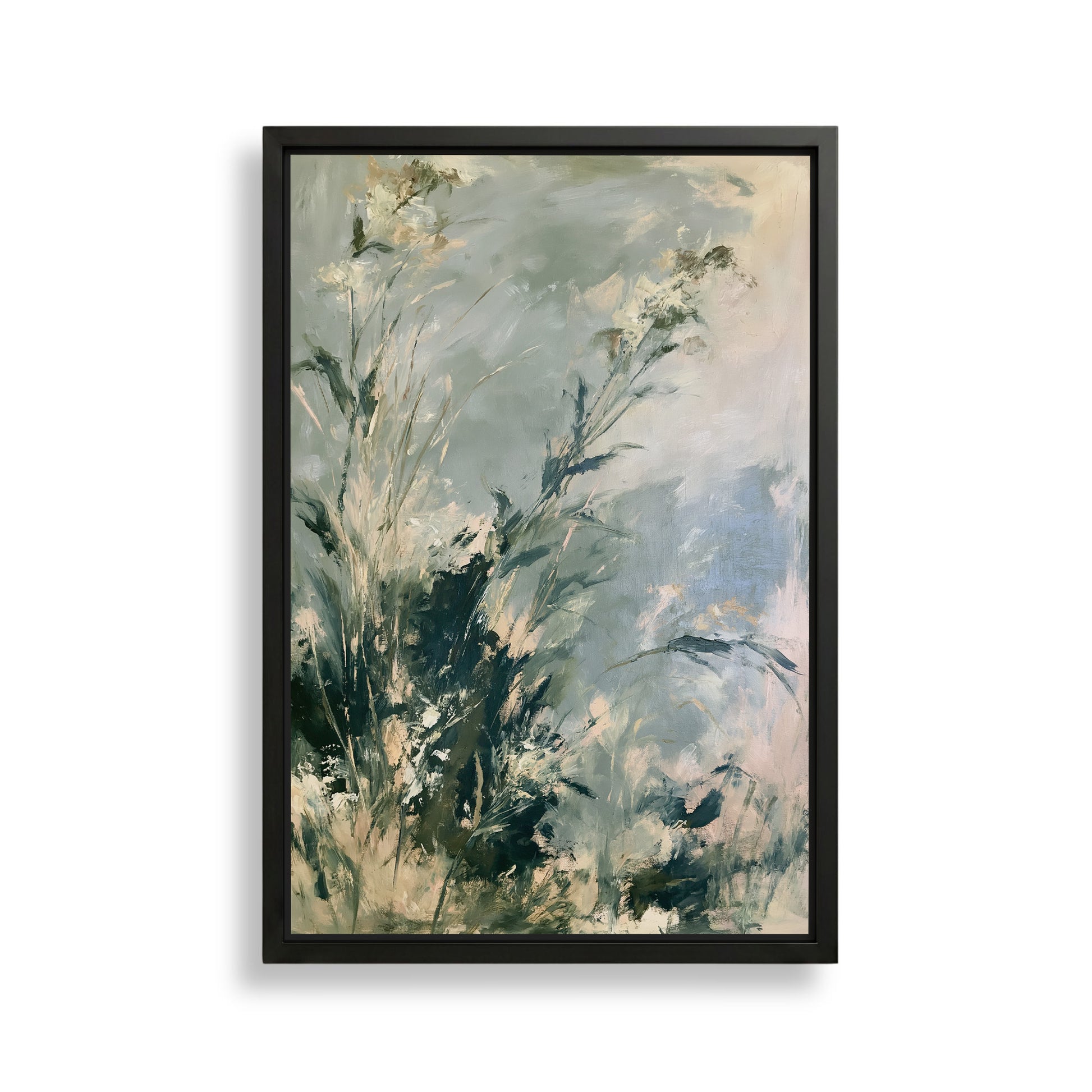 The image is an abstract painting featuring a lush, green landscape with tall grass and delicate flowers.