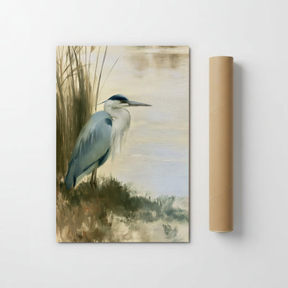 A painting of a blue heron standing on the bank of a body of water, with tall grasses in the background.