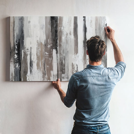 A man is hanging a large abstract painting on a wall.