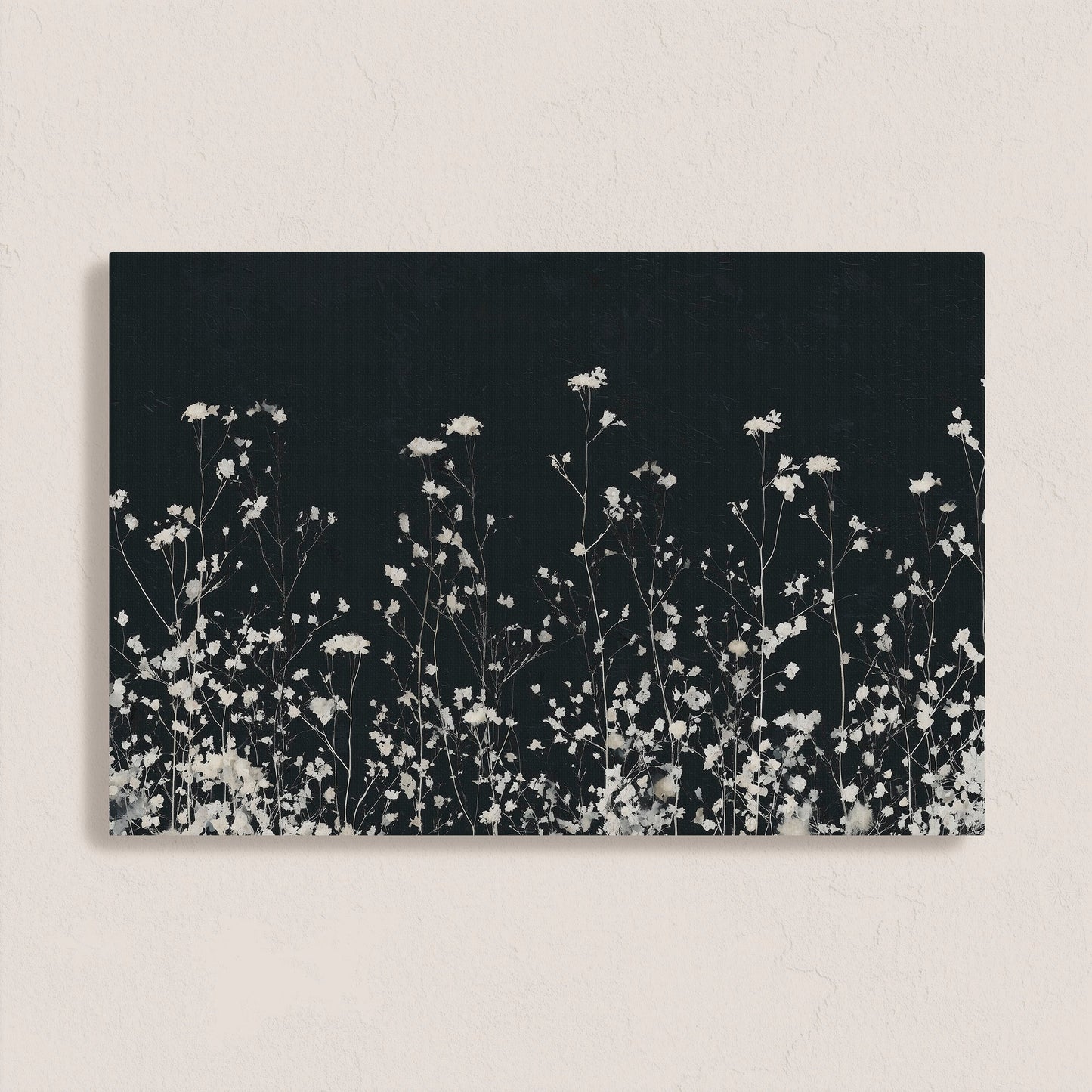 Noiré Canvas Wall Art with delicate white florals on deep charcoal background for modern interiors