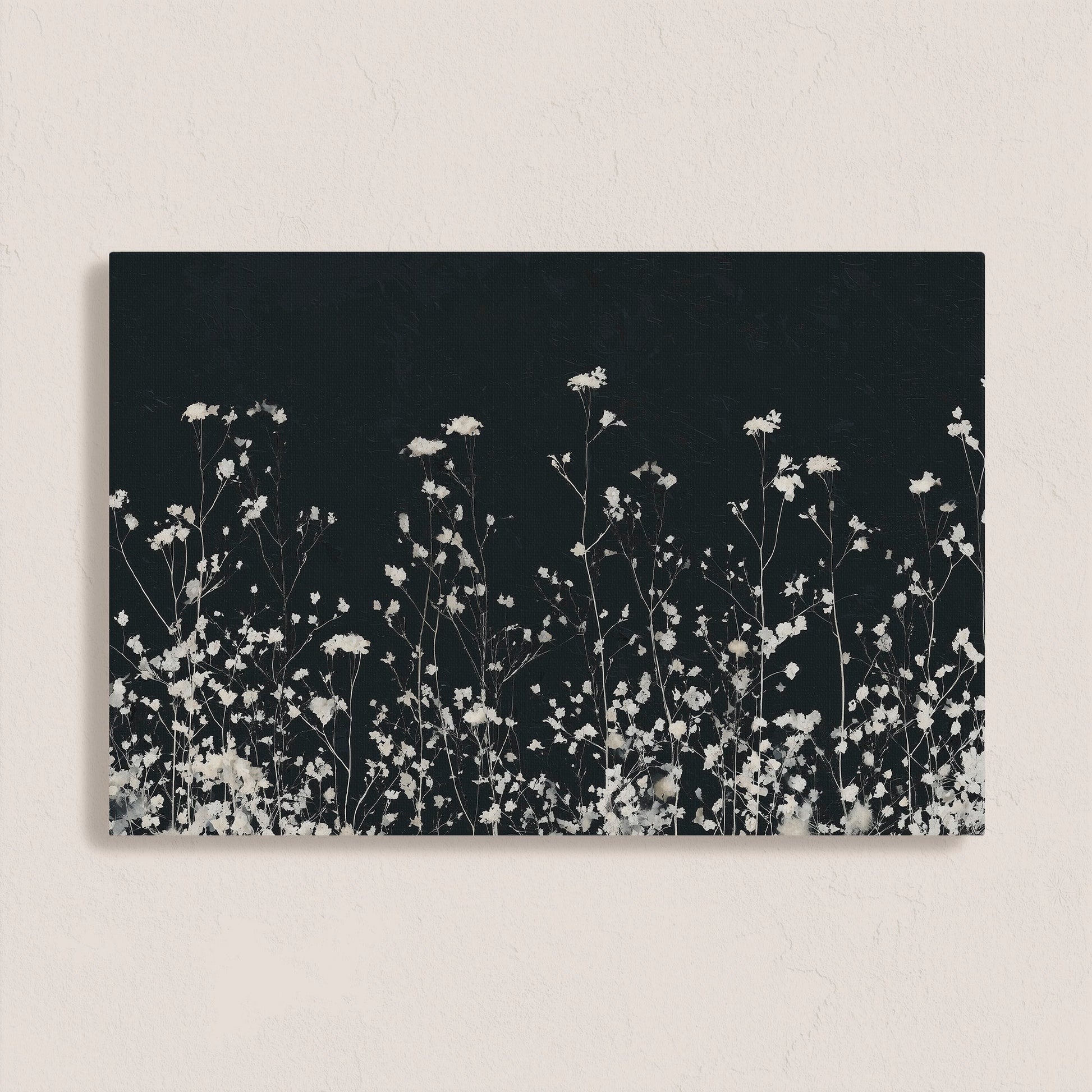 Noiré Canvas Wall Art with delicate white florals on deep charcoal background for modern interiors