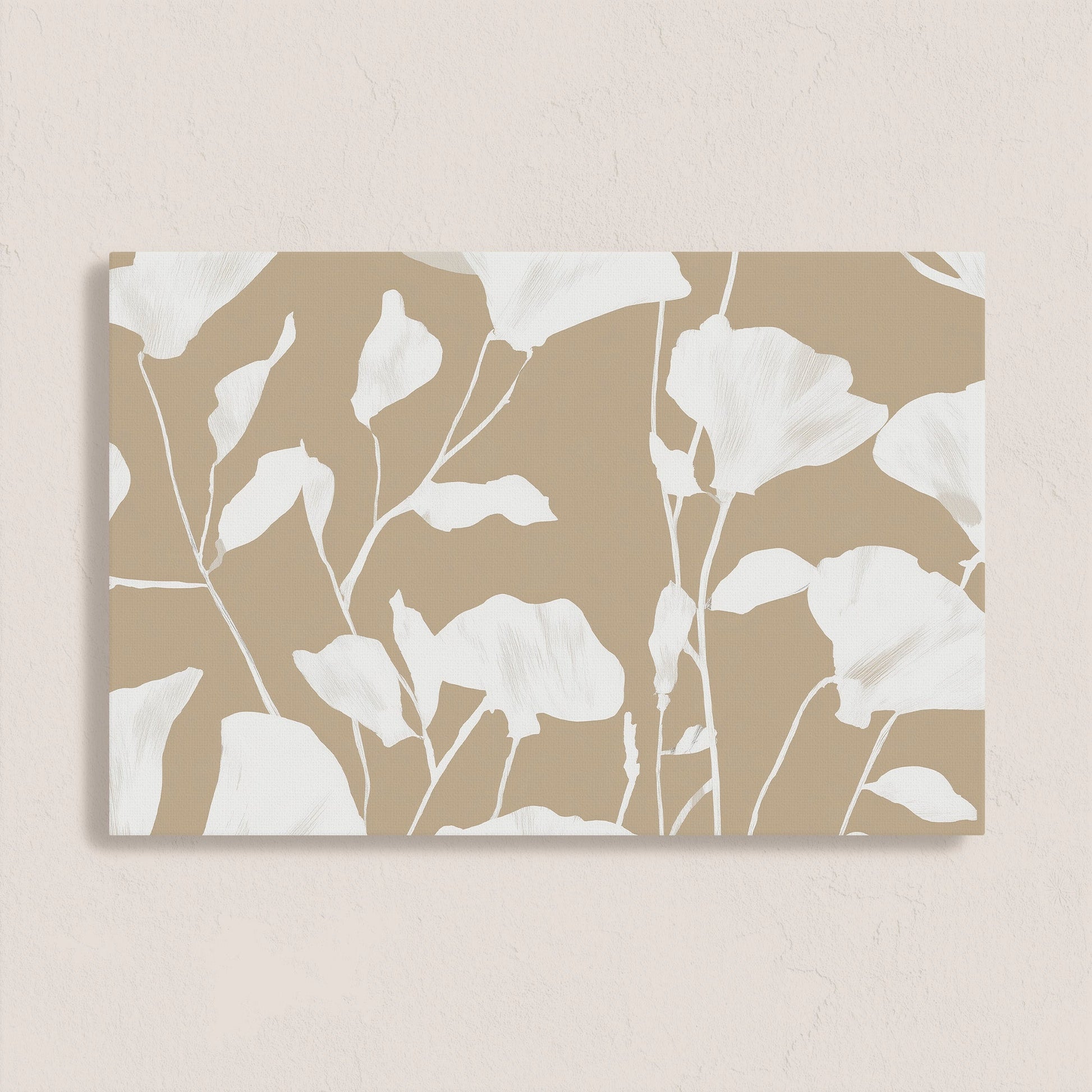 Driftleaf canvas print with white floral silhouettes on beige background, minimalist botanical wall art.