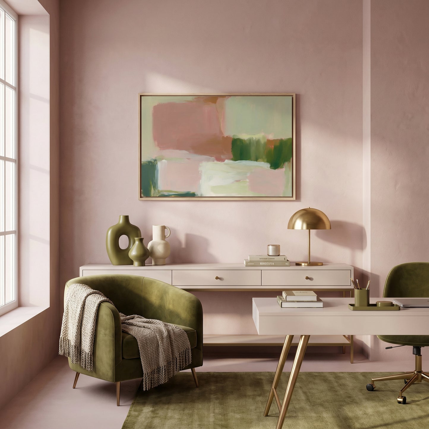 a modern and stylish living room with a large abstract painting on the wall, a white desk with a lamp, a green armchair, and a window providing natural light.