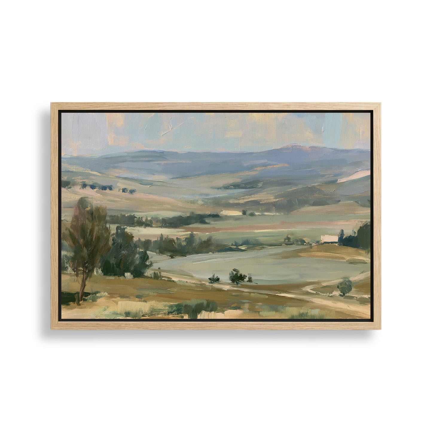 The image is a landscape painting depicting a serene countryside scene with rolling hills, trees, and a body of water in the distance.