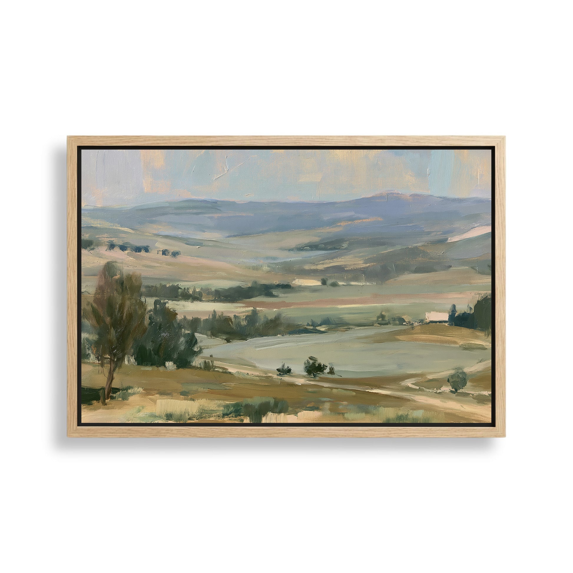 The image is a landscape painting depicting a serene countryside scene with rolling hills, trees, and a body of water in the distance.