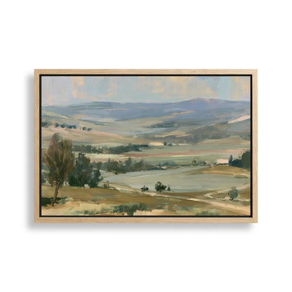 The image is a landscape painting depicting a serene countryside scene with rolling hills, trees, and a body of water in the distance.