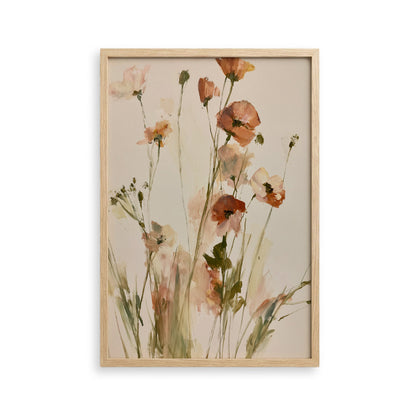The image is a framed painting depicting a field of flowers with various shades of pink and white.