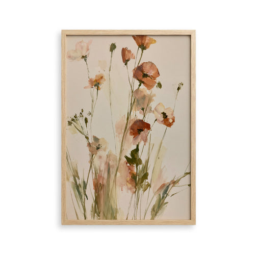 The image is a framed painting depicting a field of flowers with various shades of pink and white.
