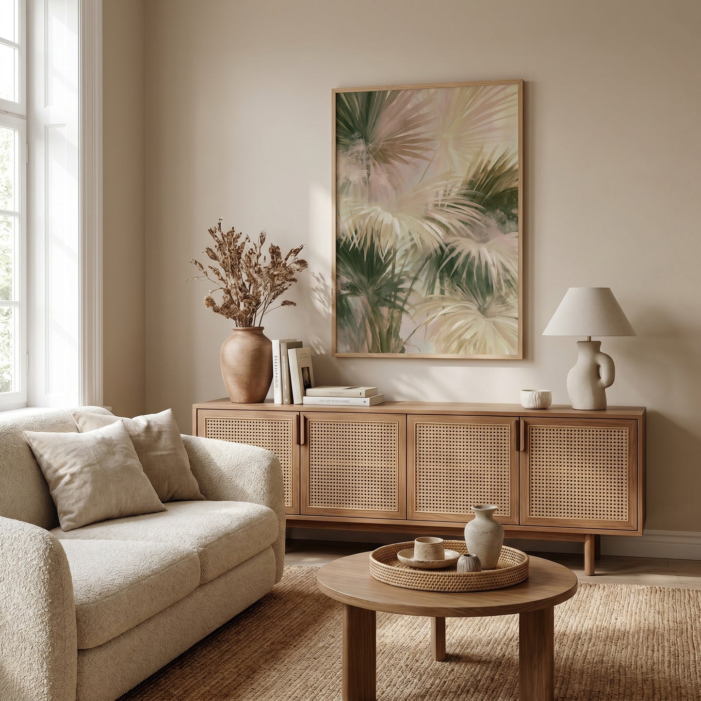 a cozy living room with a large framed print of palm leaves hanging on the wall, a beige sofa, a wooden sideboard with woven doors, a round coffee table, and a lamp on the side.