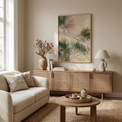 a cozy living room with a large framed print of palm leaves hanging on the wall, a beige sofa, a wooden sideboard with woven doors, a round coffee table, and a lamp on the side.