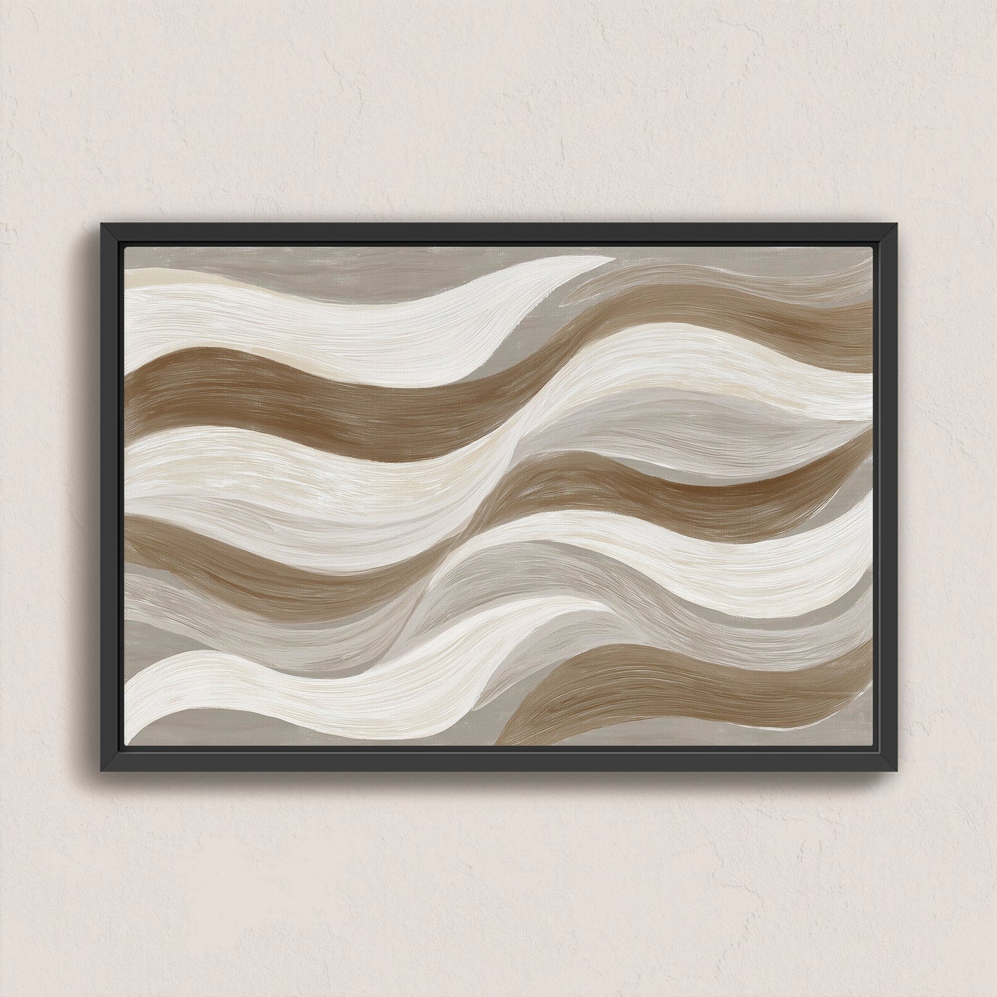Abstract 'Flux' canvas print with cream, taupe, and clay waves in black frame for modern interiors
