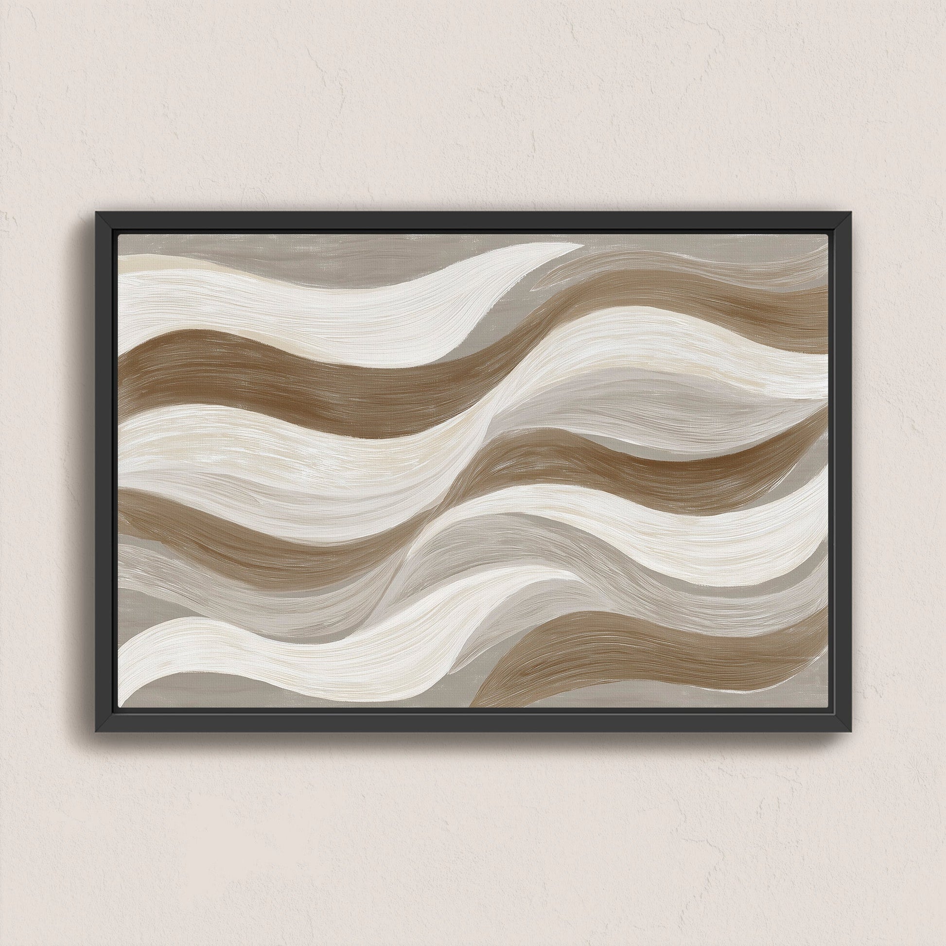 Abstract 'Flux' canvas print with cream, taupe, and clay waves in black frame for modern interiors