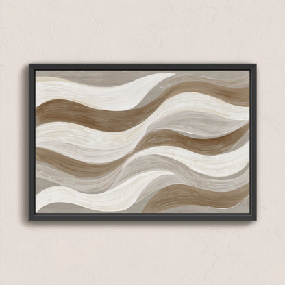 Abstract 'Flux' canvas print with cream, taupe, and clay waves in black frame for modern interiors