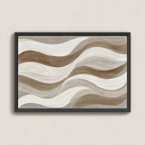 Abstract 'Flux' canvas print with cream, taupe, and clay waves in black frame for modern interiors