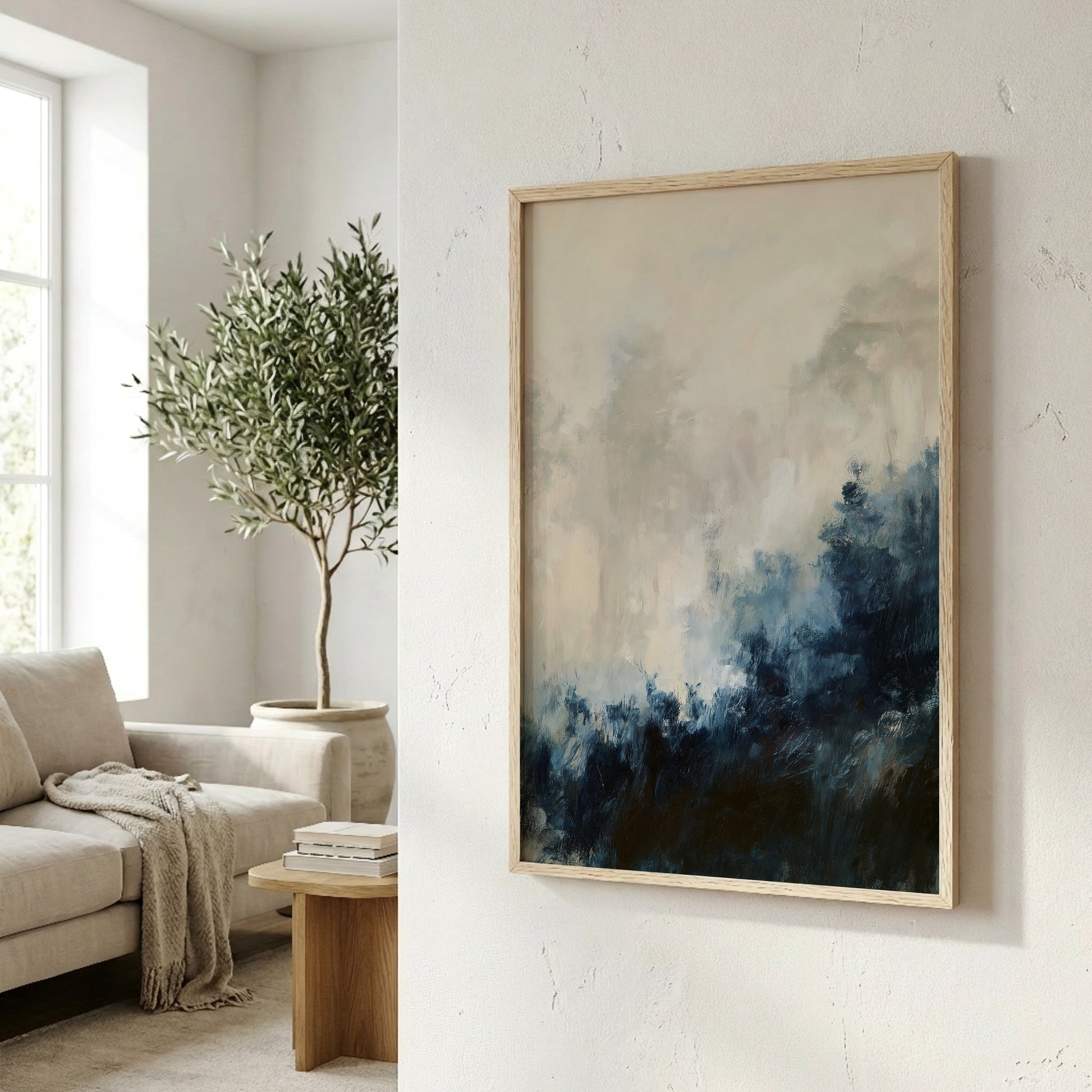 a living room with a large abstract painting hanging on the wall, a sofa, a potted plant, and a wooden side table.
