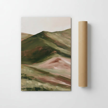 The image is a painting of a mountainous landscape, depicting a hillside with a mix of green and brown colors.