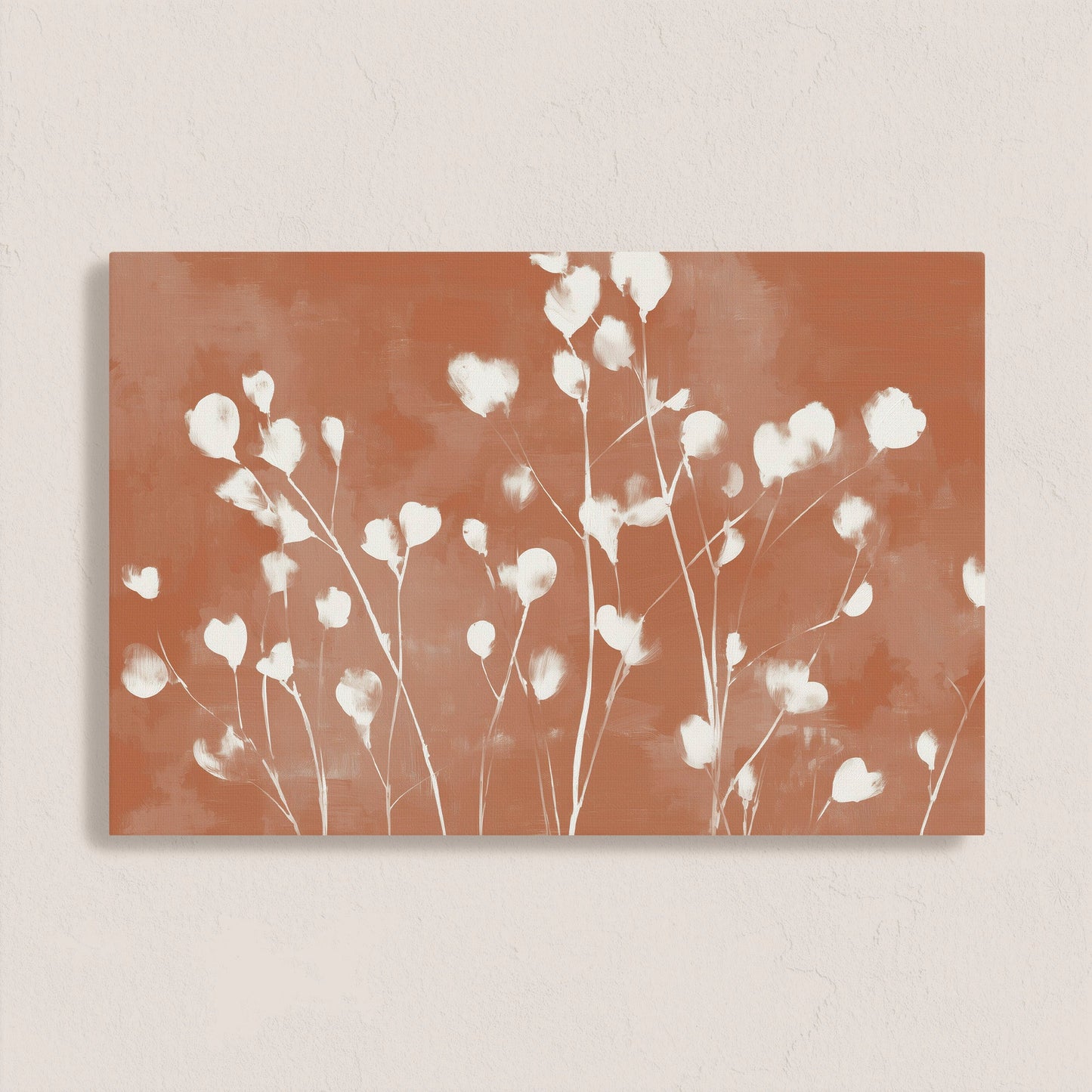 Ember canvas print with white petals on terracotta background, minimalist floral wall art