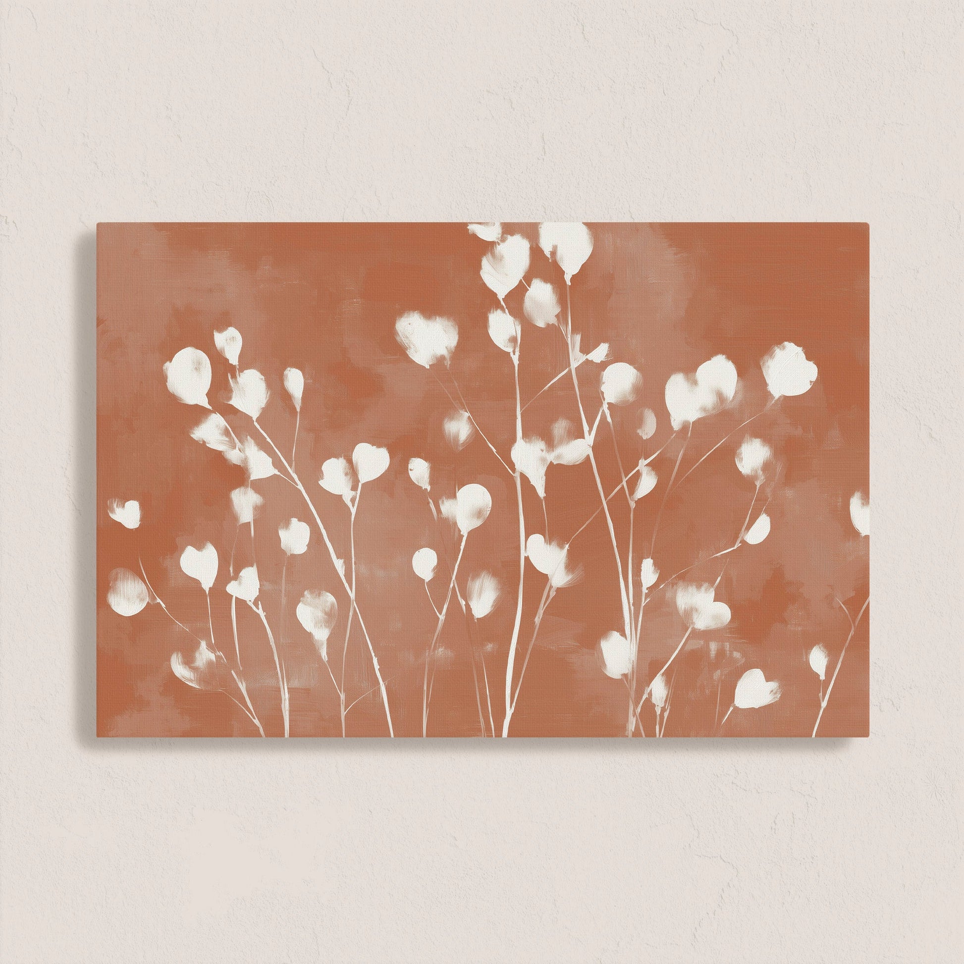 Ember canvas print with white petals on terracotta background, minimalist floral wall art