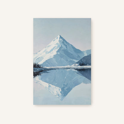 a serene landscape with a snow-capped mountain reflected in a calm lake, creating a tranquil and picturesque scene.