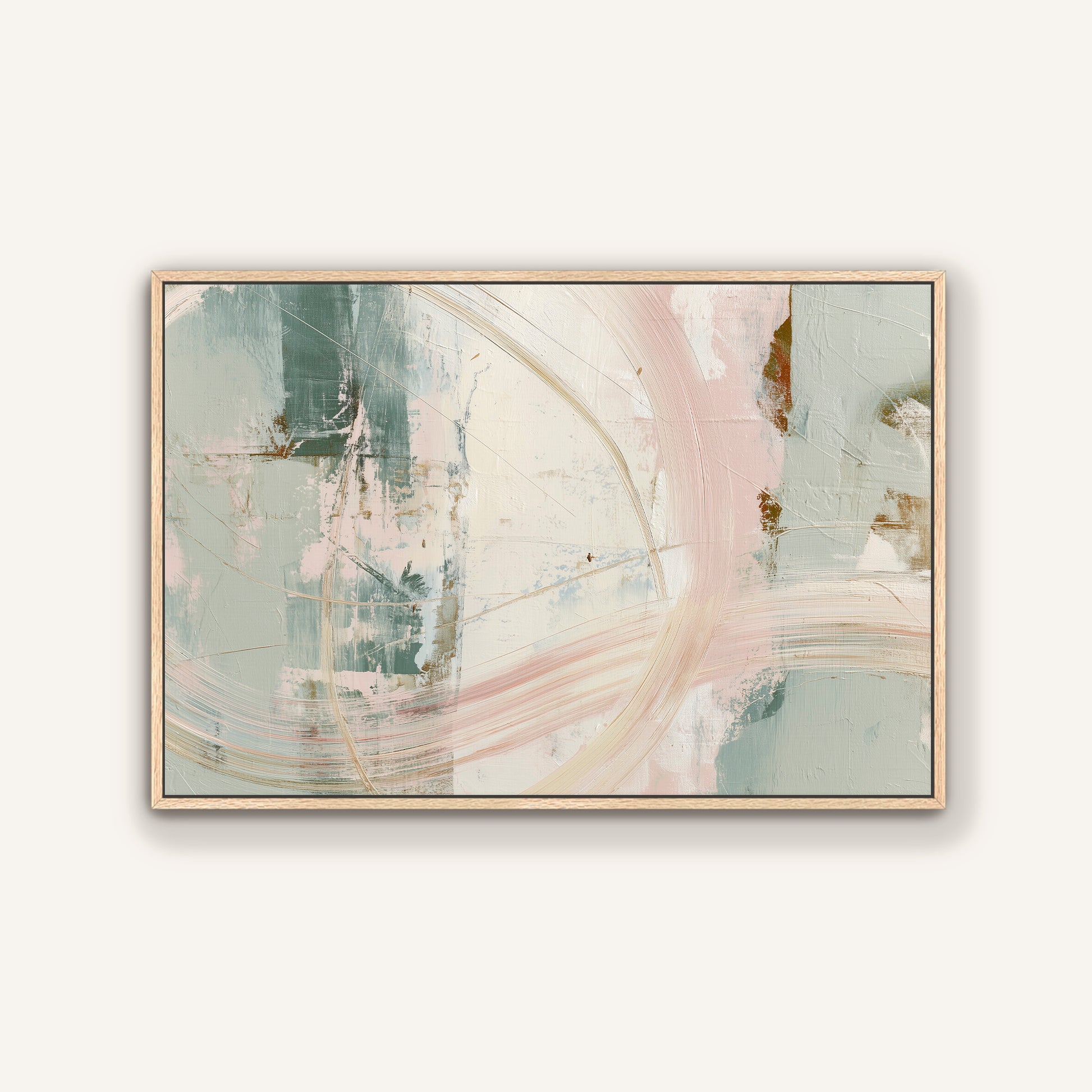 The image is a framed abstract painting with a predominantly light green and white color palette. The painting features various brushstrokes and textures, creating a dynamic and visually interesting composition.
