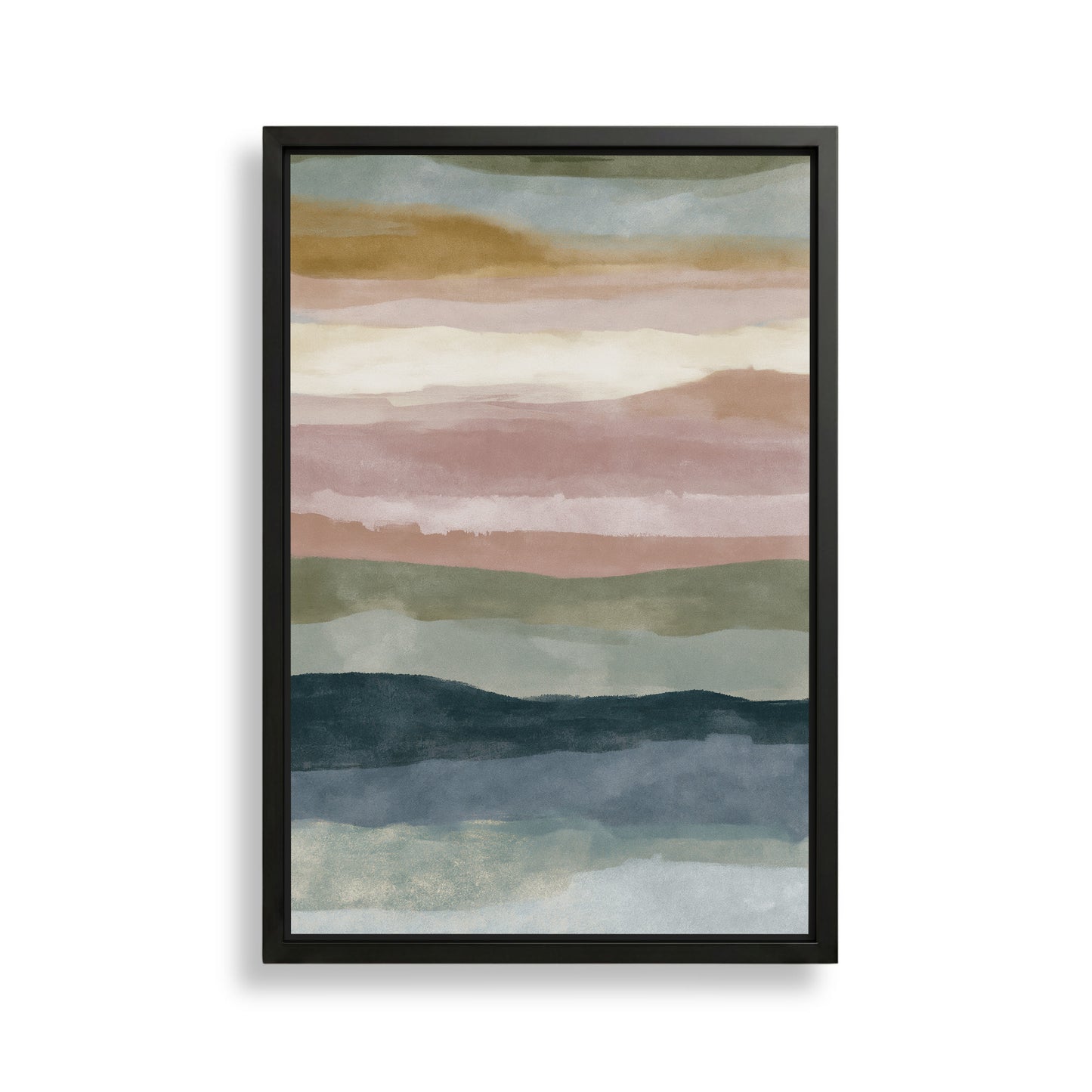 The image is a framed abstract painting with a gradient of colors, including shades of green, blue, and pink. The painting is displayed on a white wall.